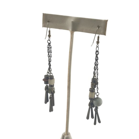 Boho Style Long Dangle Earrings With Metal Chain & Beads - Picture 5 of 8